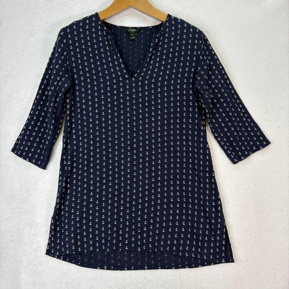 J. Crew Navy Anchor Print V Neck 3/4 Sleeve Tunic Top Women's Size M Lightweight